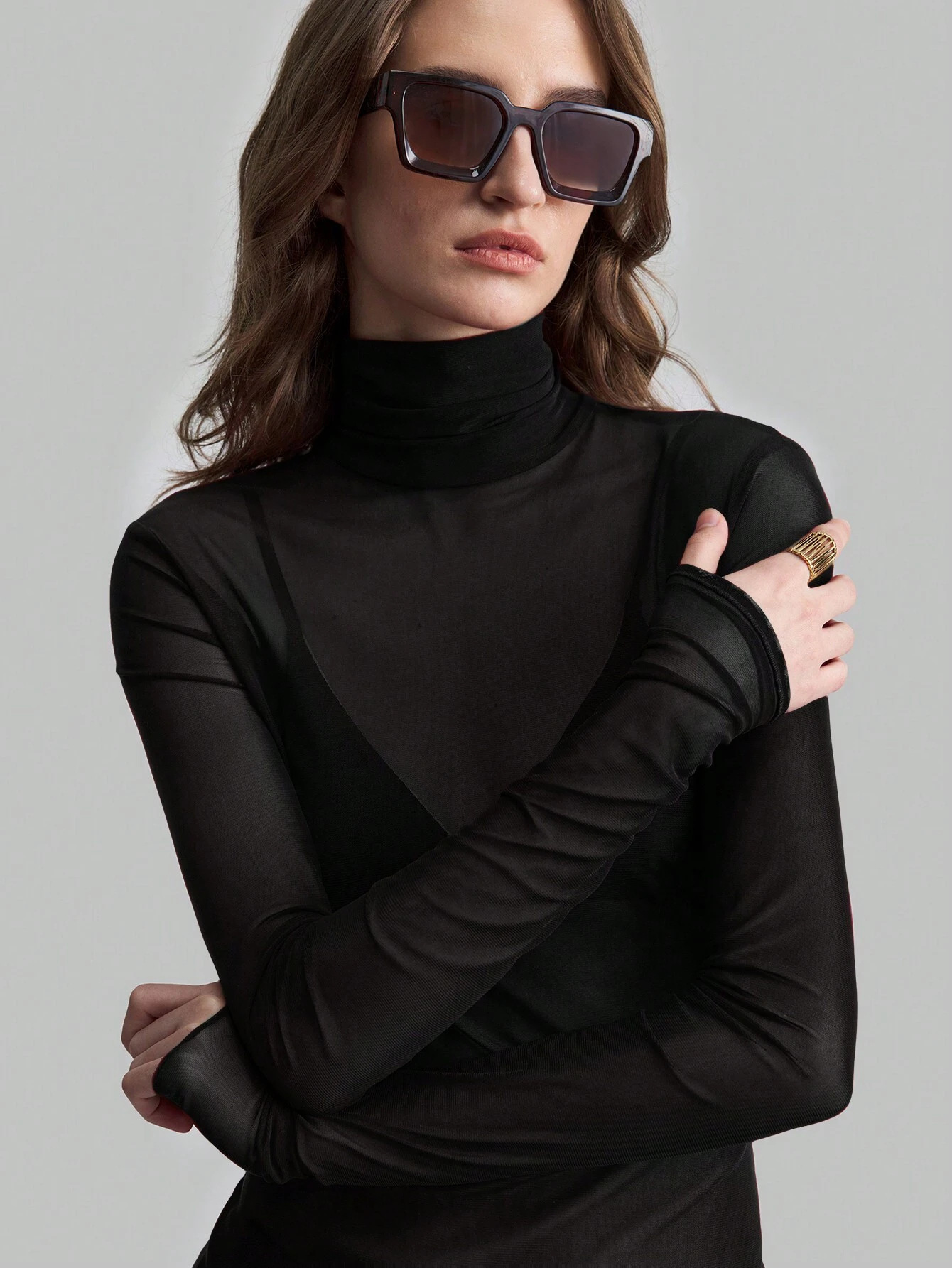 Womens Elegant Turtleneck Mesh Top Sexy Long Sleeve Semi-Sheer Slim T-shirts